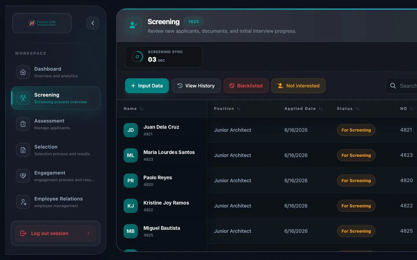 Screening view of the Future Link workforce portal, shown with fictional applicant names